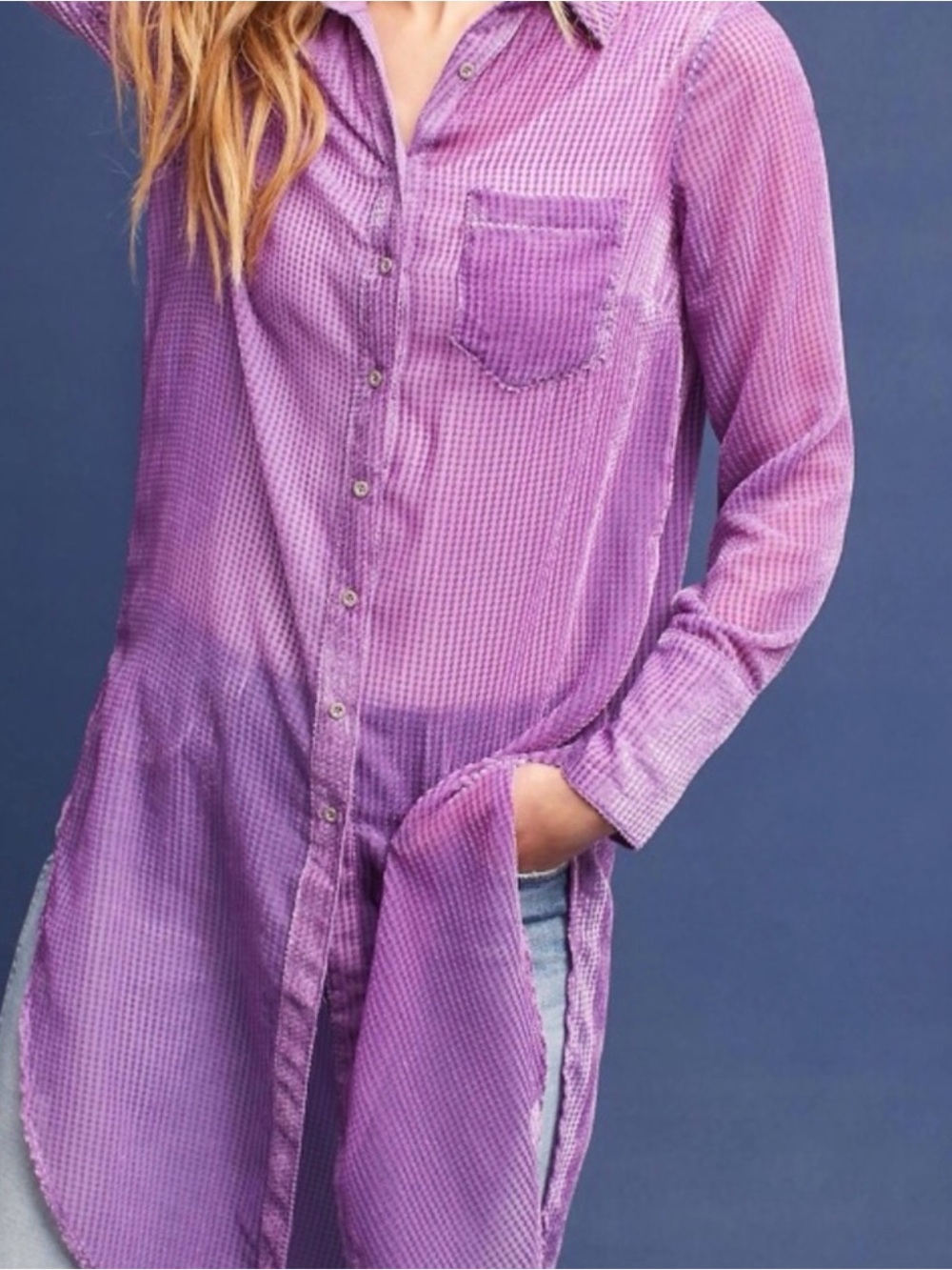 Anthropologie Purple Button-Up Longline Shirt